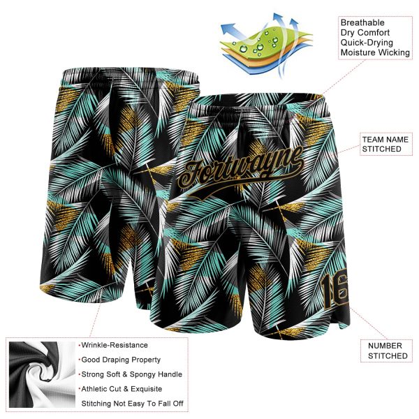 Custom Black Old Gold-Teal 3D Pattern Hawaii Palm Trees Authentic Basketball Shorts - Image 2