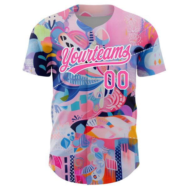 Custom Pink White 3D Pattern Design Abstract Painting Authentic Baseball Jersey - Image 2