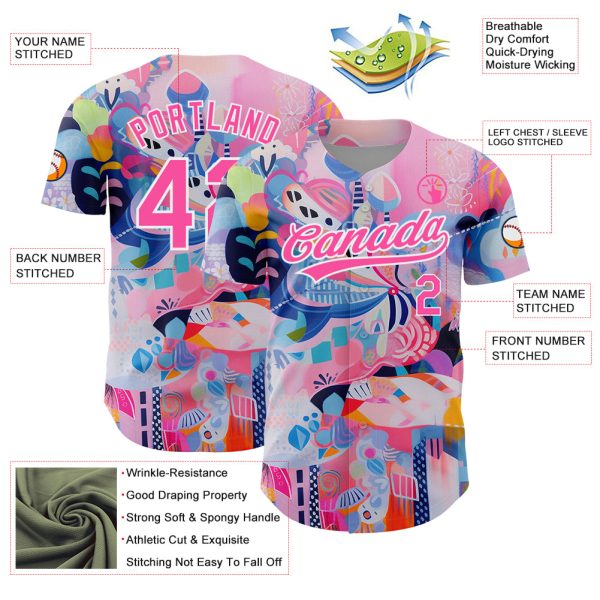 Custom Pink White 3D Pattern Design Abstract Painting Authentic Baseball Jersey - Image 3