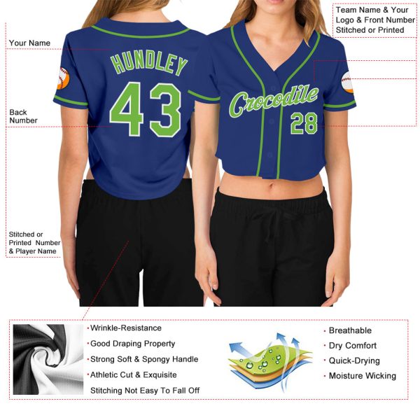 Custom Women's Royal Neon Green-White V-Neck Cropped Baseball Jersey - Image 3