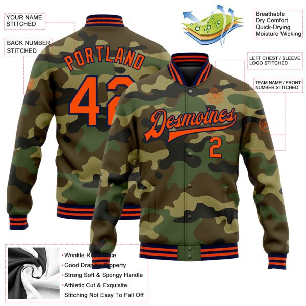Custom Camo Orange-Navy Bomber Full-Snap Varsity Letterman Salute To Service Jacket - Image 3