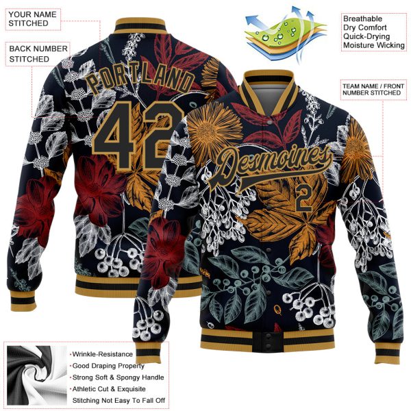 Custom Black Old Gold Flowers And Branches 3D Pattern Design Bomber Full-Snap Varsity Letterman Jacket - Image 3