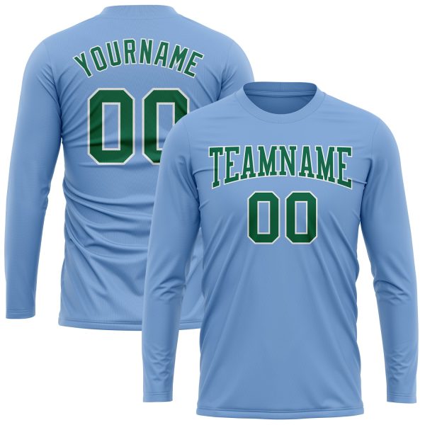Custom Light Blue Kelly Green-White Long Sleeve Performance T-Shirt - Image 2