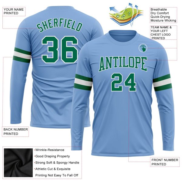 Custom Light Blue Kelly Green-White Long Sleeve Performance T-Shirt - Image 3