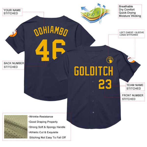 Custom Navy Gold Mesh Authentic Throwback Baseball Jersey - Image 3