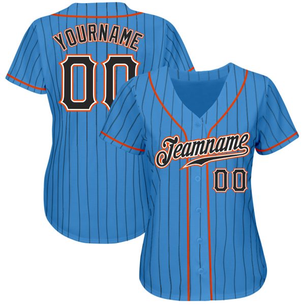 Custom Powder Blue Black Pinstripe Black-Orange Authentic Baseball Jersey - Image 2