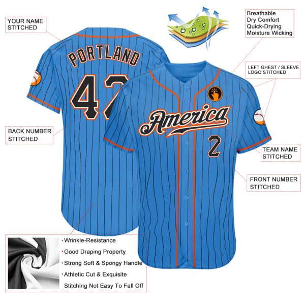 Custom Powder Blue Black Pinstripe Black-Orange Authentic Baseball Jersey - Image 3