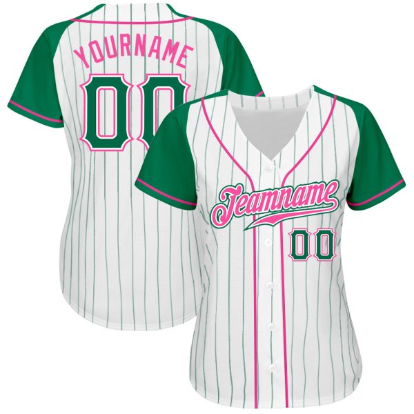 Custom White Kelly Green Pinstripe Kelly Green-Pink Authentic Raglan Sleeves Baseball Jersey - Image 2