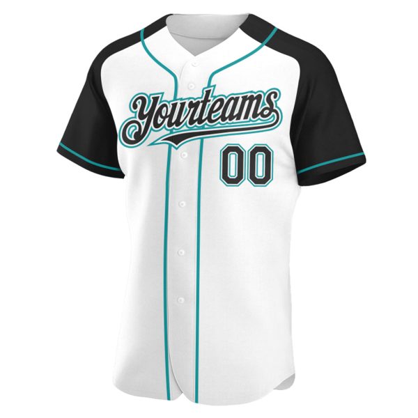 Custom White Black-Teal Authentic Raglan Sleeves Baseball Jersey - Image 2