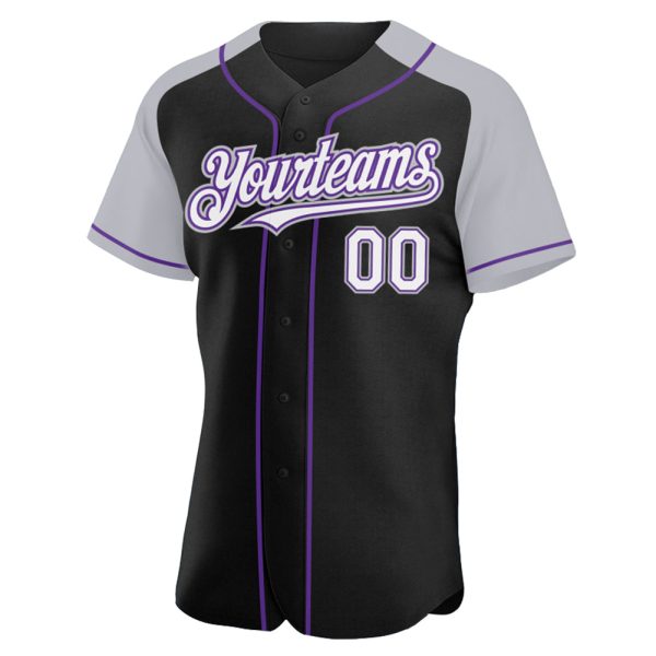 Custom Black White Gray-Purple Authentic Raglan Sleeves Baseball Jersey - Image 2