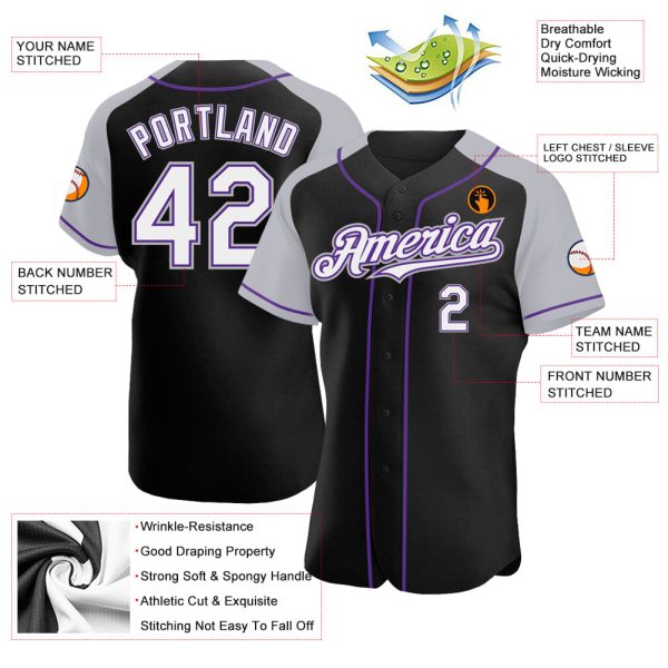 Custom Black White Gray-Purple Authentic Raglan Sleeves Baseball Jersey - Image 3