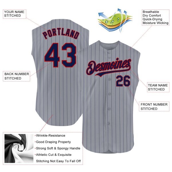 Custom Gray Navy Pinstripe Red Authentic Sleeveless Baseball Jersey - Image 2