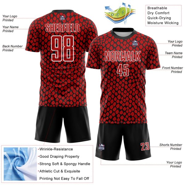 Custom Red Black-White Snake Skin Sublimation Soccer Uniform Jersey - Image 4
