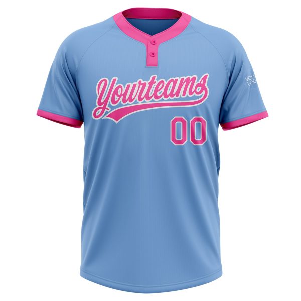 Custom Light Blue Pink-White Two-Button Unisex Softball Jersey - Image 2