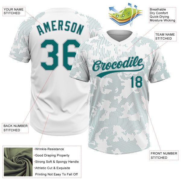 Custom White Teal-Gray 3D Pattern Curve Lines Two-Button Unisex Softball Jersey - Image 3