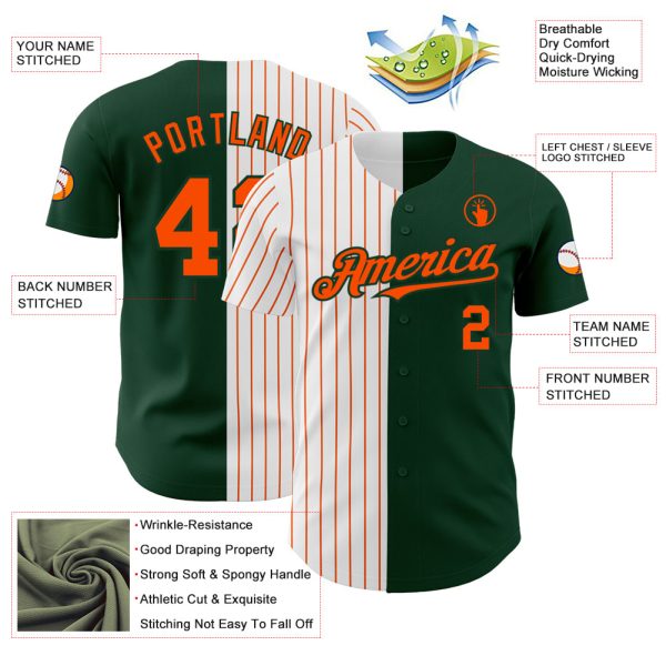 Custom Green White-Orange Pinstripe Authentic Split Fashion Baseball Jersey - Image 3