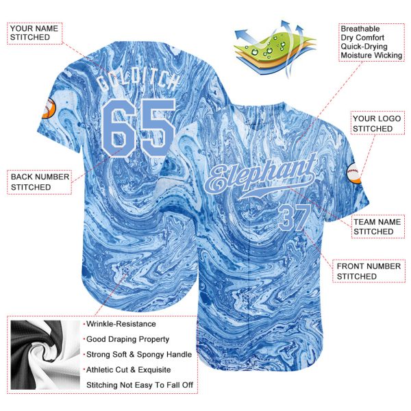 Custom Tie Dye Light Blue-White 3D Authentic Baseball Jersey - Image 3