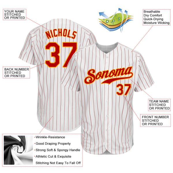 Custom White Red Pinstripe Red-Gold Authentic Baseball Jersey - Image 3
